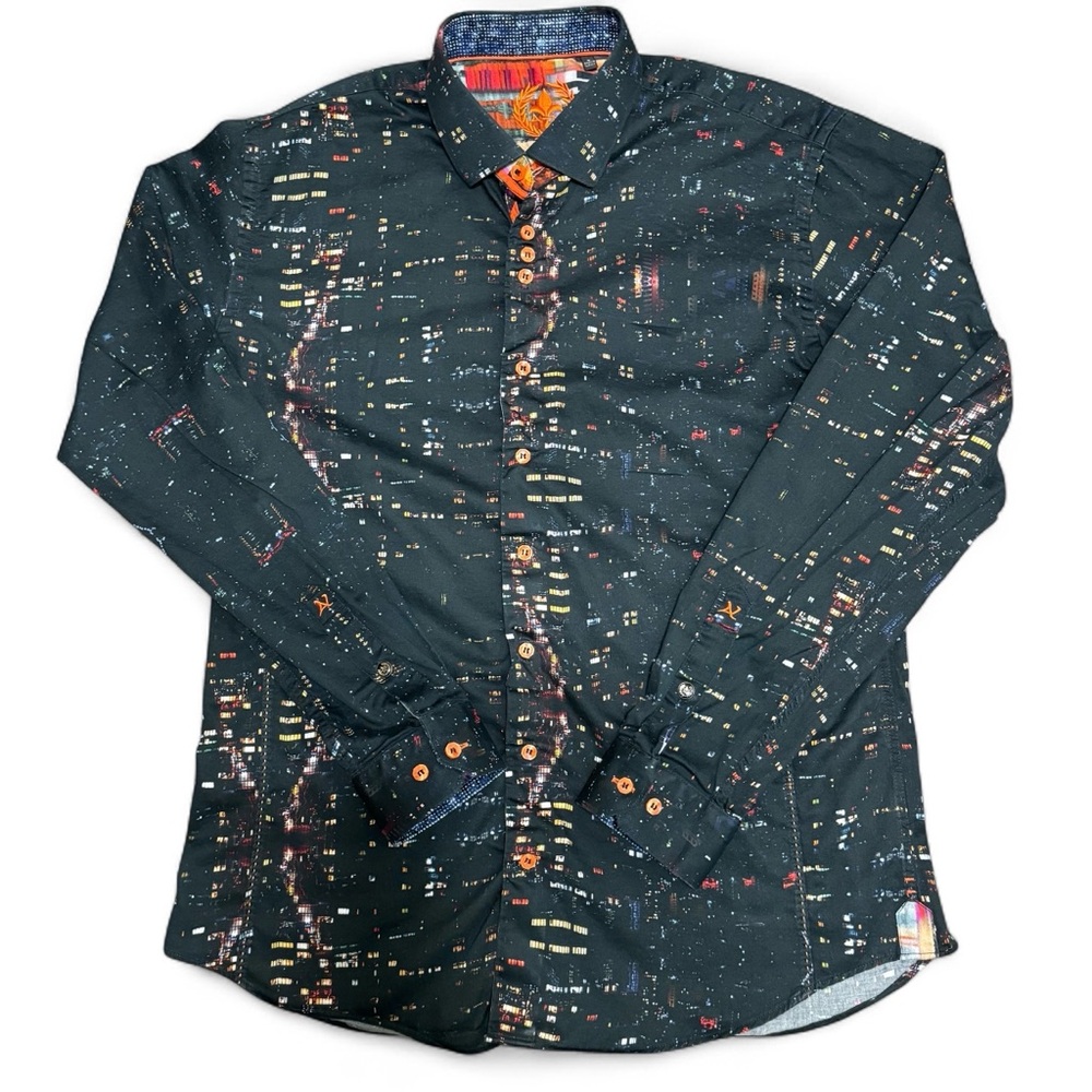 Au Noir Cityscape Print Collard Long Sleeve Button Up Shirt Size 4 Large